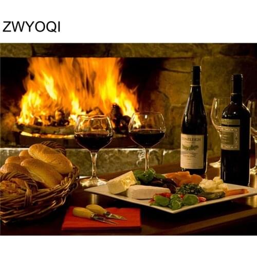 5DDIY Diamond painting Full Round Diamond embroidery Cross stitch Wineglass fire Full Square Diamond mosaic Redwine Bread cheese
