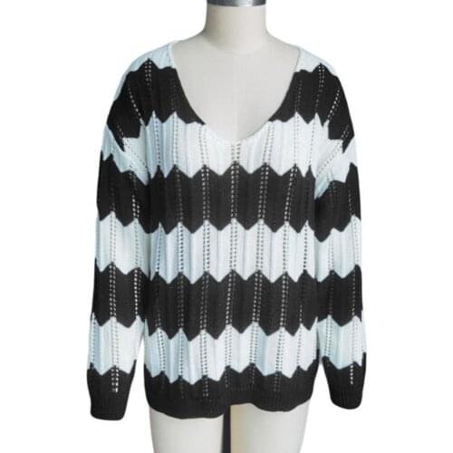 60% Dropshipping!!New Womens Sweater Color Block Hollow Autumn Winter Long-Sleeved V-Neck Knitted Pullover for Daily Wear