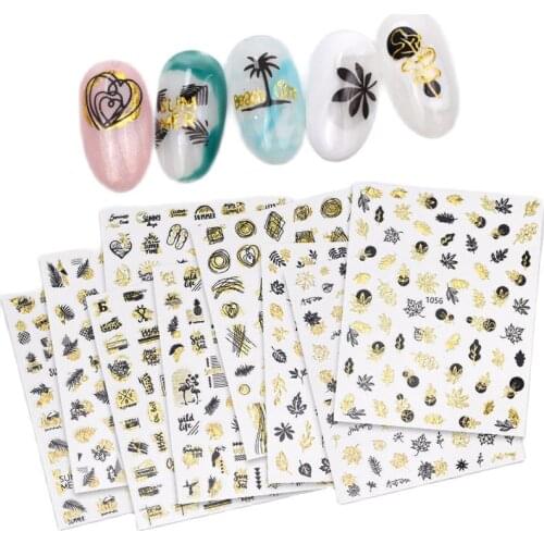 8Pcs Nail Stickers Black & Gold holographic Fall Leaves #2 Nail Decals Nail Wrap Water Decal.Gold and Black Leaf Nail Sticker