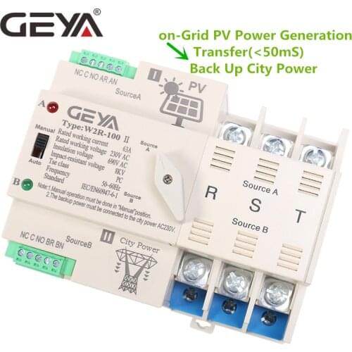 GEYA Grid PV Power Automatic Transfer Switch Din Rail 3P 63A 100A AC220V MINI ATS PV System Power to City Power