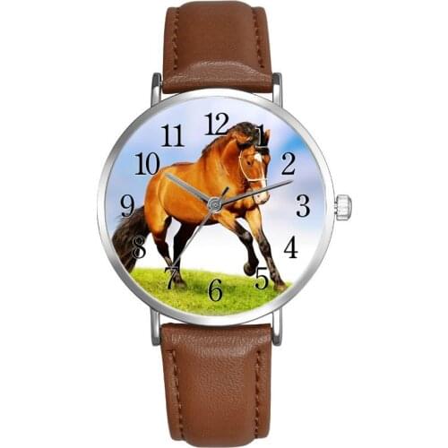 New Watch Running Horse Print Animal Unicorn Fashion Silver Brown Leather Strap Men Women And Sport Quartz WristWatch