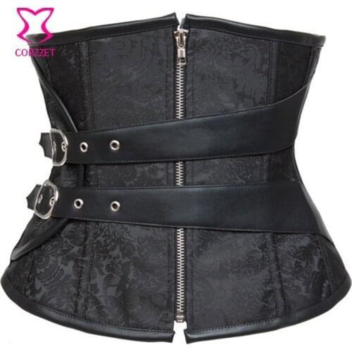 Corzzet Black Zipper Up Bodysuit Sexy Women Underbust Corset Mulheres Espartilho Corselet