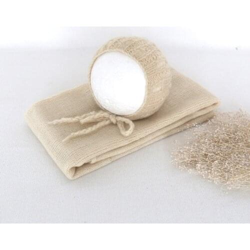 Jersey Stretch Wrap Baby Hat Set Swaddle Blanket Newborn Knit Stretch Wrap Photography Props Hand Knit Mohair Bonnet Props
