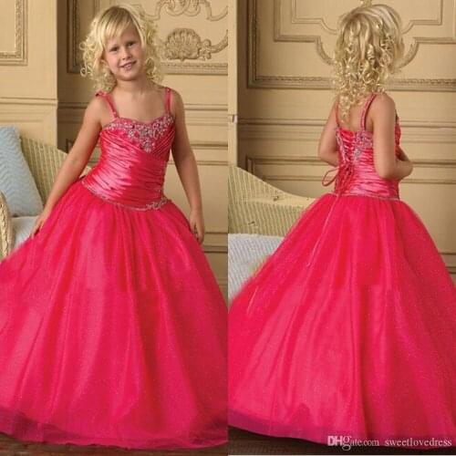 Fushica Girls Pageant Dresses With Spaghetti Pleats Floor Length Custom Made Crystal Beaded Flower Girls Dresses Cheap