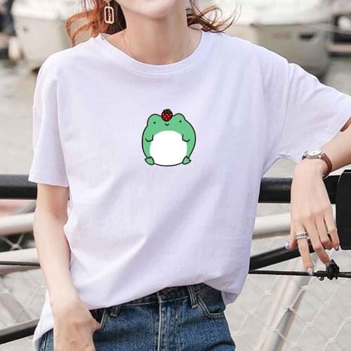 T Shirt Women Frog Print Funny Casual O-neck Graphic Tee Short Sleeves T-shirt Kawaii Top Female Clothes Aesthetic Streetwear