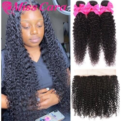 Mongolian Kinky Curly Bundles With Frontal 100% Remy Human Hair 3/4 Bundles With Closure Miss Cara Lace Frontal With Bundles