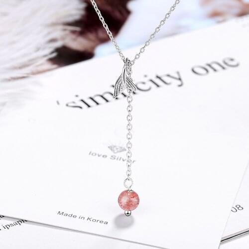 925 Sterling Silver Charming Mermaid Tail Necklace Long Chain Strawberry Crystal Bead Pendant Necklace For Women S-N478