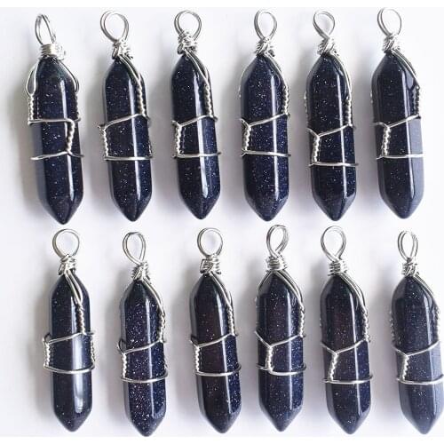 Wholesale 12pcs/lot blue sand stone pillar shape point handmade iron wire pendants for jewelry making free shipping