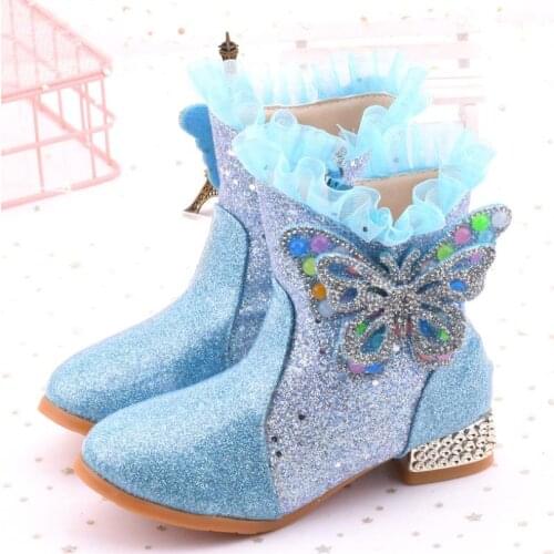 4-13 Years Old Children Winter Disney Botas Warm Elsa Boots Girls Low Heel Sequins Snow Boots Frozen Boots For Party