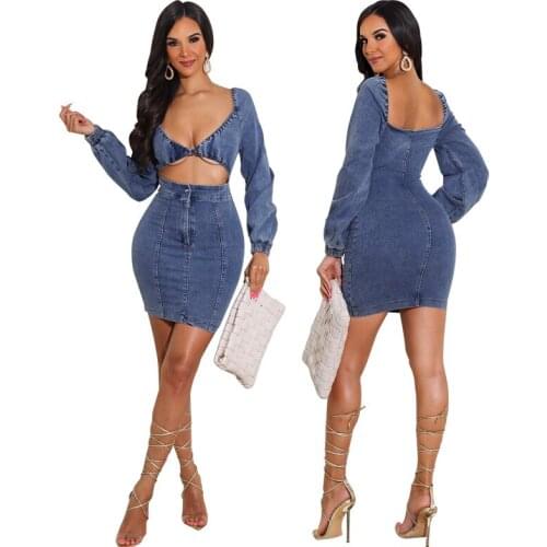 Blue Denim Mini Skirt Sexy Dress Casual Summer Clothes For Women 2021 New American Dress Wrap Chest Open Back Tight Skirt