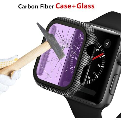 Glass+Cover For Apple watch series 4 5 6 SE 44mm 40mm Accessories Carbon fiber bumper+Screen Protector case iWatch 3 38mm 42mm