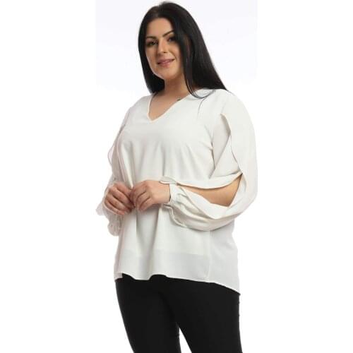 Hanezza Plus Size V Collar Sleeve Top Detailed Bluz