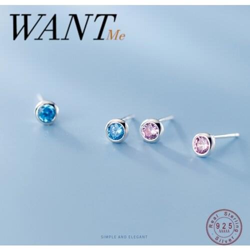 WANTME Korean Fashion Minimalist Pink Blue Zircon Round Mini Small Stud Earrings for Women Student Teen Life Jewelry Accessories