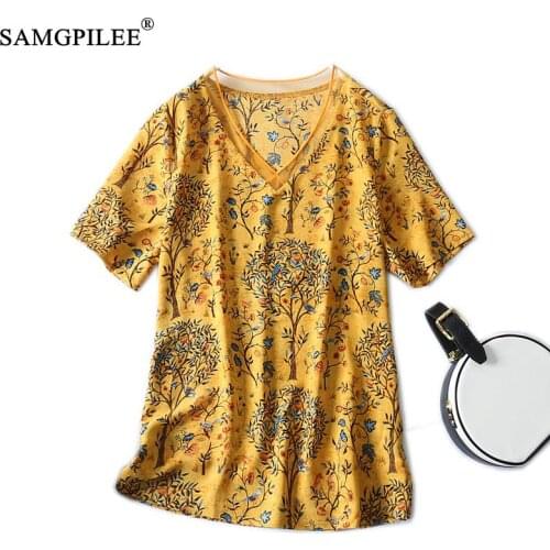Summer Clothes For Women 2021 Retro Hot Rhinestone Fashion Print Tree Pattern V-neck Short-sleeved Chiffon T-shirts Thin Female