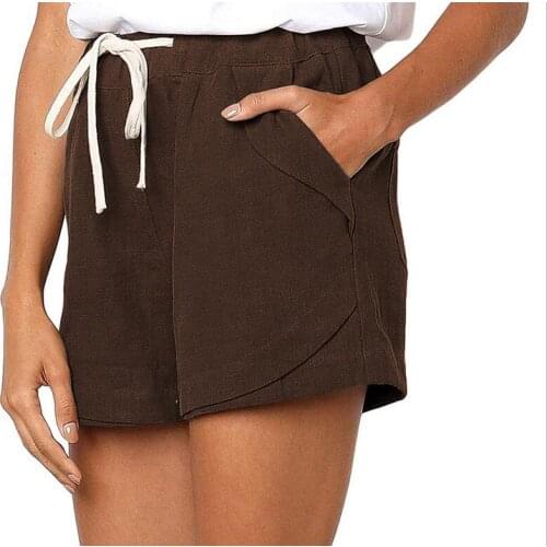 Womens Summer Casual Cotton Linen Blended Drawstring Waist Shorts