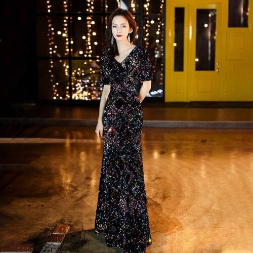 Women Sexy Black Banquet Dresses Exquisite Sequins Mermaid Evening Party Dress Tassel Floor Length Qipao Robe De Soiree