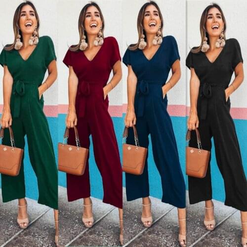 Summer Fashion Chiffon Short Sleeve V Neck Womens Jumpsuits 2021 New Casual Sashes Solid Tunic Wide Leg Pants Ladies Jumpsuits