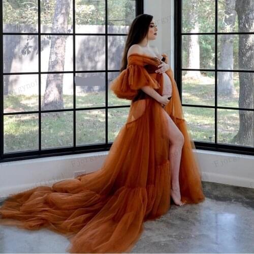 Dark Orange Puffy Sleeve Sheer Tulle Maternity Dresses Ruffles Tiered Long Femme Robe Grossesse Shooting Photo Robe de mariée