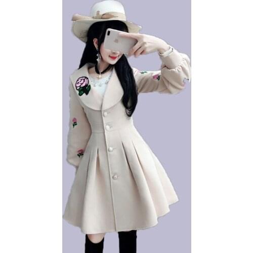 Women Coats Student 2021 Autumn Winter Beige Embroidered Long-Sleeved Woolen Jacket Mid-Length Slim Clothing