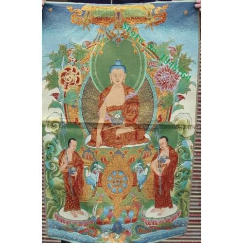 36 inch Tibet Buddhism Silk embroidery Sakyamuni Amitabha Buddha Thangka Paintings Mural