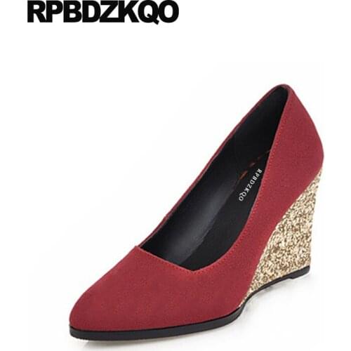Big Size Sequin Pointed Toe 2018 Dress Pumps Glitter High Heels Shoes Bling 33 10 42 4 34 Gray Wine Red Wedge Suede 11 43 Ladies