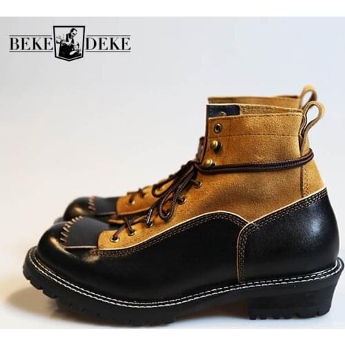 Retro American Motorcycle Riding Ankle Boots Men Work Safety Shoes Unisex British Style Cow Genuine Leather Botas Hombre