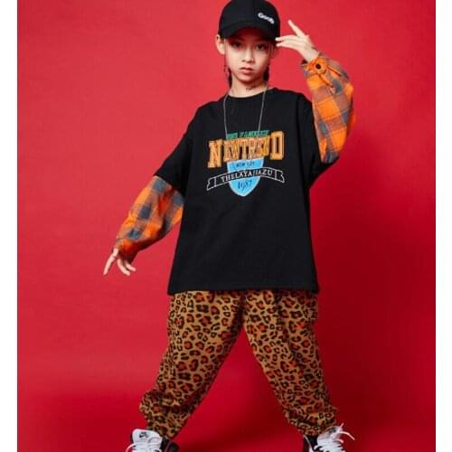 Kids dance concert Hip Hop Clothing Black Sweatshirt Tops Leopard Print dancing Pants for Girls Boys Dance Wear Costume Clothes