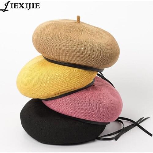 French beret spring summer Girl Beret Womenknitted breathable adjustment Draw String pu leather beret painter cap boina pillbox