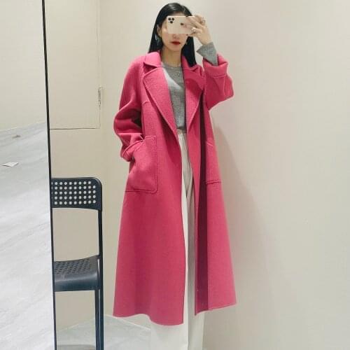 Cedar pink double-sided cashmere coat womens long knee over autumn and winter new Hepburn wide tweed coat high end