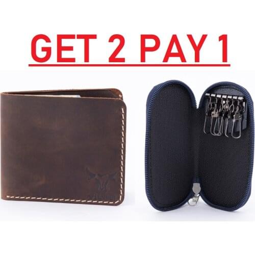 2 Pcs Set Handmade Crazy Cow Genuine Turkish Leather Wallet Keychain Men Women Key Holder Organizer Pouch Cow Split Car