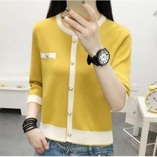 LJSXLS 2021 Summer Knitted O-Neck Pullovers Womens Sweater Color Contrast Three Quarter Sleeve Women Clothing Solid Button Tops
