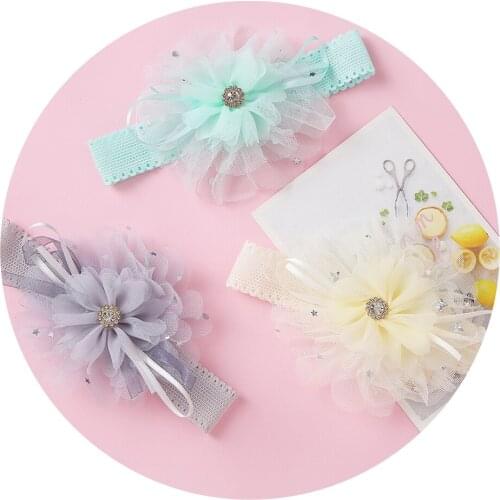 Cute Chiffon Flower Elastic Hairband Rhinestone Boutique Headbands For Girls Newborn Head Wrap Headwear Baby Hair Accessories