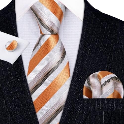 Fashion Luxury Orange Striped 100% Silk Tie Gifts For Men Gifts Suit Wedding Tie Barry.Wang NeckTies Hanky Sets Business LN-5324
