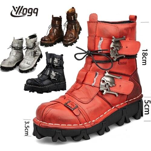 Men Genuine Leather Motorcycle Boots Tactical Winter Military Combat Boots Gothic Skull Punk Ankle Martens Boots High Quality