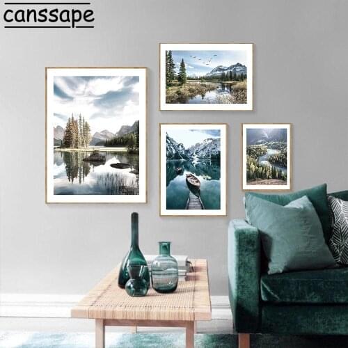 Natural Scenery Canvas Print Forest Art Paintings Mountain Lake Wall Prints Boat Pictures Nordic Posters Living Room Decor