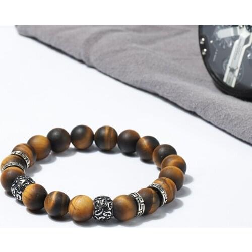 Wholesale 10mm natural stone beaded mens bracelets Tiger eye stone stainless steel metal bracelet men 50pcs/lot+free shipping