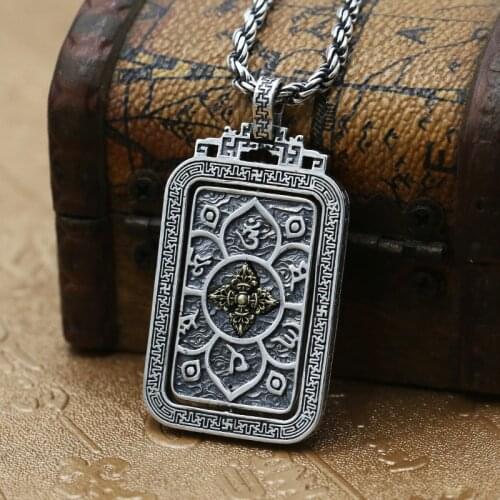 Manufacturers Wholesale S925 Sterling Silver Six Words Words Square Tag Thai Silver Retro King Kong Vajra Chain Pendant