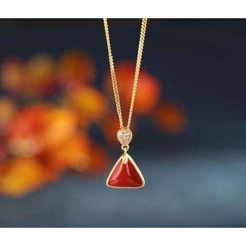 Natural South Red chalcedony geometric triangle Pendant Necklace Chinese style retro palace minority design womens jewelry