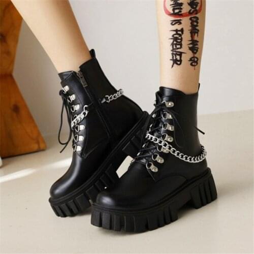 PXELENA Drop Ship 35-41 NEW Gothic Punk Style Women Motorcycle Combat Martin Ankle Boots Metal Chain Platform Chunky Heels Shoes