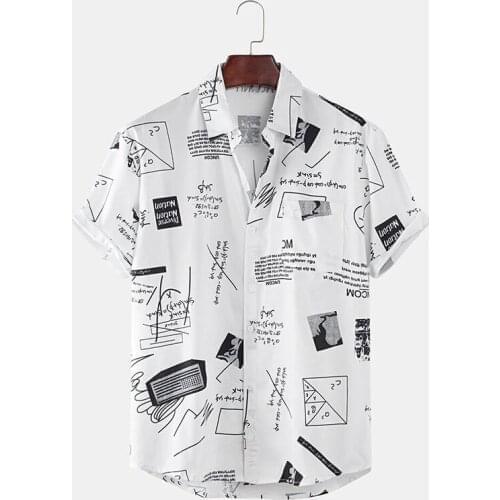 Mens Funny Abstract Cartoon Slogan Chest Pocket Short Sleeve Shirts Japanese Geisha Printed White Black Men Tops Shirts Brand