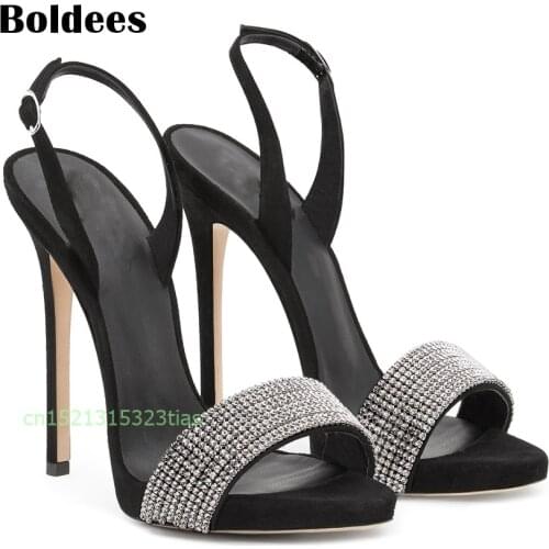Black High Heel Sandals Women Shoes Ankle Strap Sandals Summer Gladiator Open Toe Crystal Stiletto Sandals Shoes
