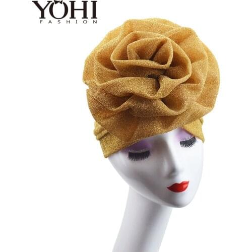 New luxurious Muslim headgear with bright silk and large flowery India hat Women turban scarf Head wrap Turbante