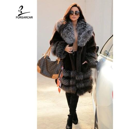 FURSARCAR 2020 Luxury Winter Real Mink Fur Coats Women Natural Fox Fur Collar Long Jacket Customized Fashion Fur Coat