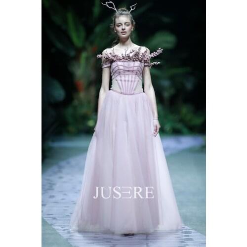 Fashion Show A-line Illusion off shoulder pink color Evening Dress haute couture