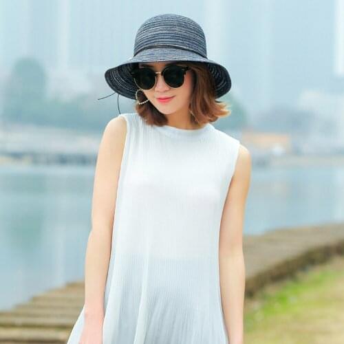 Women Flower Straw Hat Sun Hat Wide Brim Stripe Summer Beach Foldable Floppy Sunhat Block UV Protection Female Dome Cap Casual