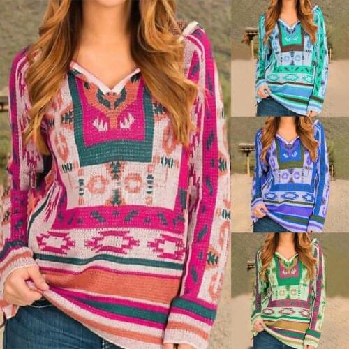 Women Warm Retro Ethnic Pattern Stitching Hooded Sweatshirt Loose Hoodie Top