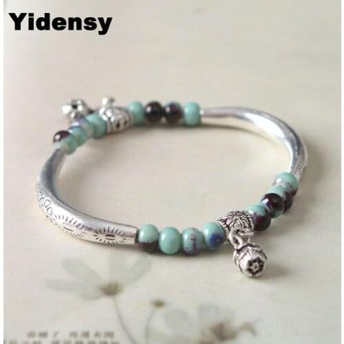 Yidensy Fashion Blue Green Red Pink Ceramic Bead Bangle Bracelets Flower Animal Charms Pendant Bracelet for Women Female Jewelry