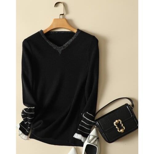 Striped Knitted Women Sweater And Pullovers Autumn V-Neck Long-Sleeved Elastic Office Lady Elagant Pulls Outwear Tops