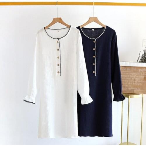 Ladies Pure Cotton Night Dress Women Sleepwear Spring Summer Thin Long-sleeved Double-layer Gauze White Blue Casual Home Wear