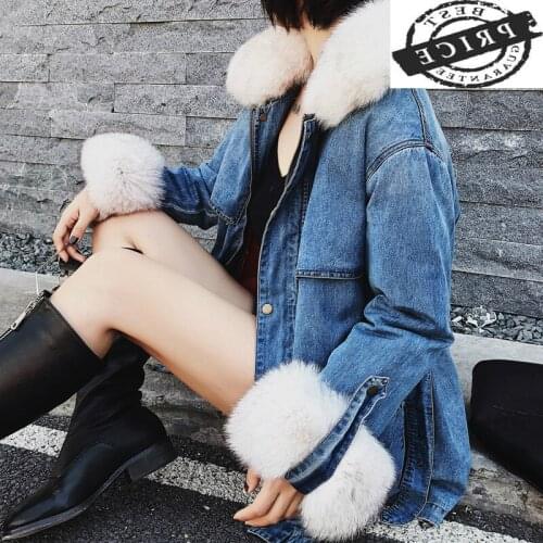 Winter Down Jacket Women Denim Down Coat Female Down Parka Real Fox Fur Collar Warm Outwear Coats Doudoune Femme LWL1262